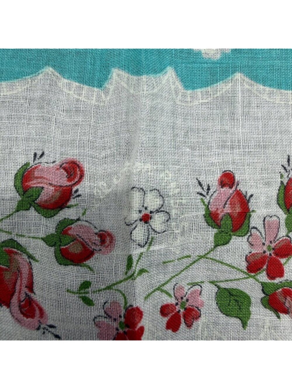 Vintage Floral Handkerchief Teal Red Pink Rose Flowers Cotton Hankie Mid Century - Picture 4 of 7